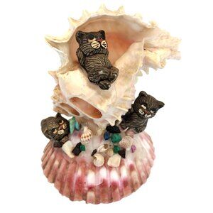 Cute Cats Sea Shell Vintage Art Hand Crafted Kittens Knick Knack Souvenir 3 Inch
